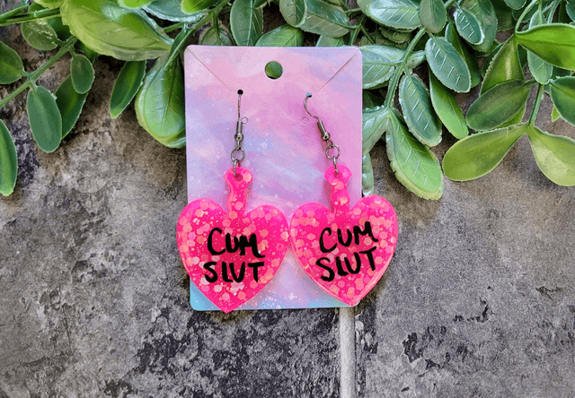 Earrings | CUM SLUT Heart Bright Pink Glitter Paddle Earrings | Stainless Steel Gunmetal Black Hooks
