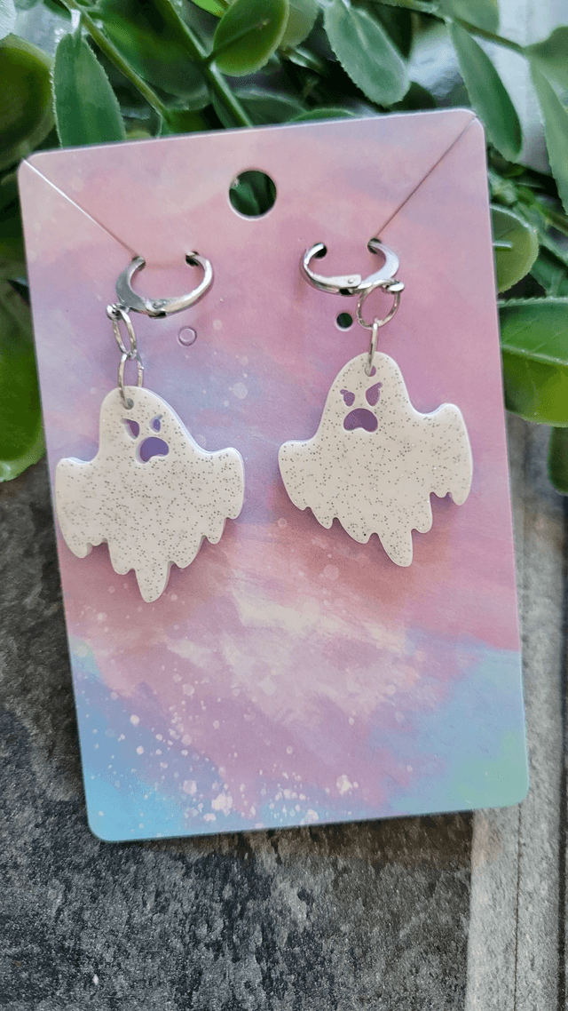 Earrings | Angry Ghost - White with Silver Glitter | Stainless Steel Hooks or Hoops