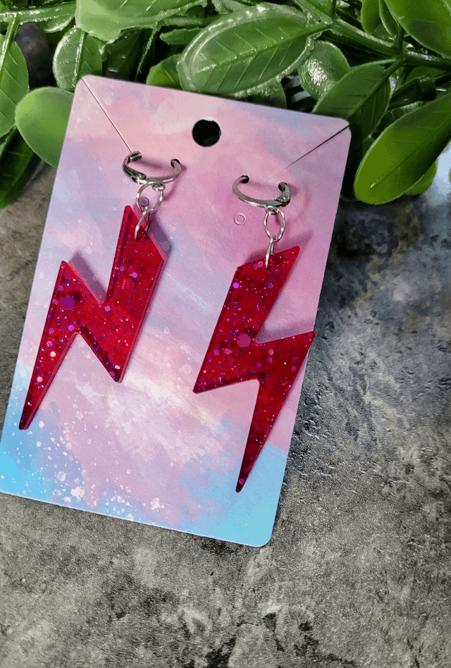 Earrings - Pink-Red Glitter Lightning Bolt Earrings | Stainless Steel Lever Back Hoops