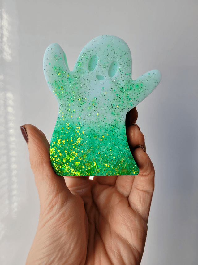 Ghost Ornament - White to Green Ombré, Gold & Green Glitter 