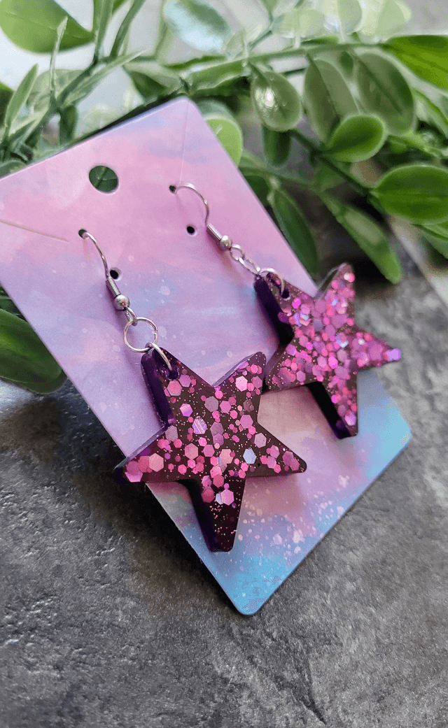 Earrings | Purple Star - Pink & Purple Holographic Glitter Star Earrings| Stainless Steel Hooks or Hoops
