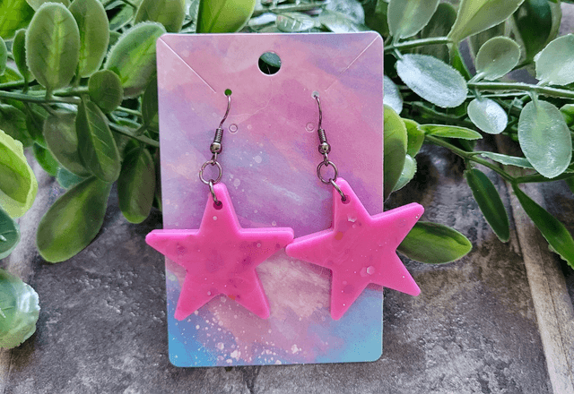 Earrings | Pink Glitter and Swirls Stars | Stainless Steel Hoops