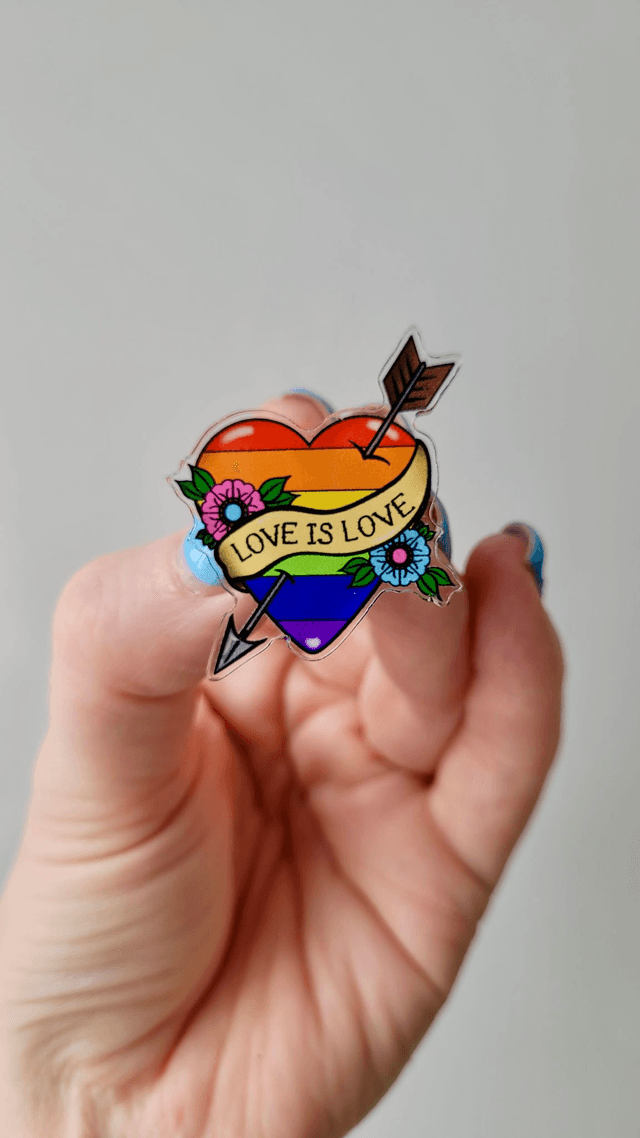 Pride LGBTQ+ Love is Love - Tattoo Heart & Arrow with Scroll Acrylic Pin Badge