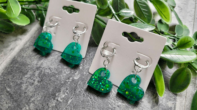 Earrings | Glitter Green Hearts | Stainless Steel Hoops