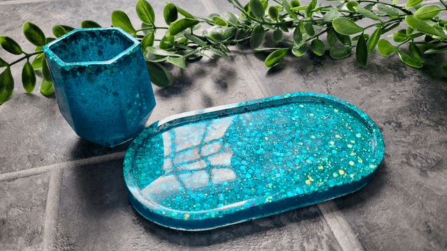 Trinket Tray & Pot Set - Blue Teal Holographic Glitter