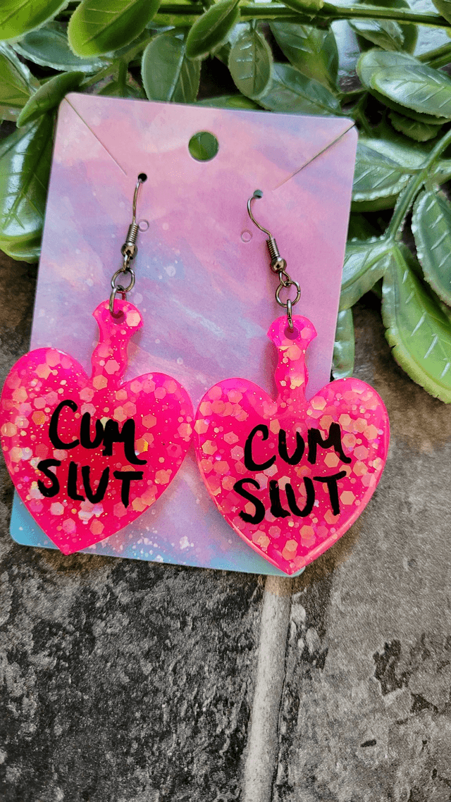 Earrings | CUM SLUT Heart Bright Pink Glitter Paddle Earrings | Stainless Steel Gunmetal Black Hooks