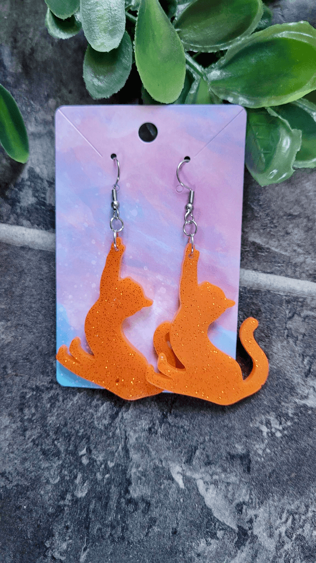 Earrings | Orange Glitter Ginger Cats Stretching | Cat Stainless Steel Hoops or Hooks