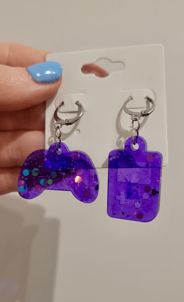 Earrings | Stainless Steel Hoops - Gameboy & Controller | Game Console | Purple Glitter