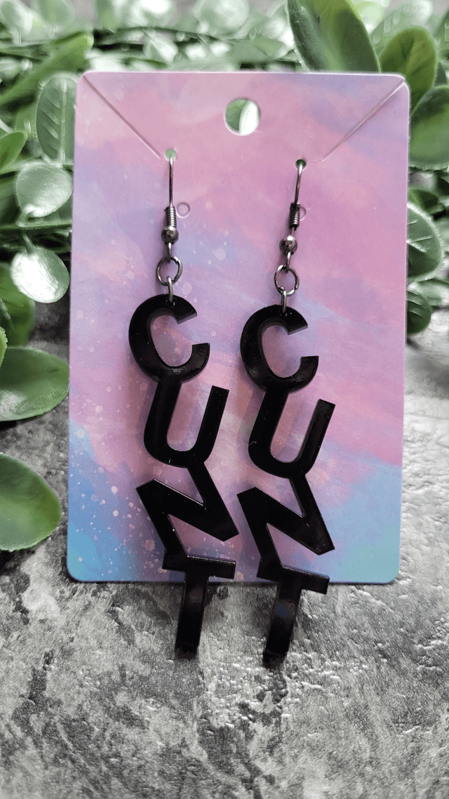 Earrings- Black CUNT Swear Earrings | Stainless Steel Gunmetal Hooks