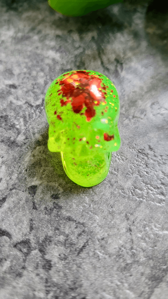 Skull Ornament - Mini - Neon Lime Green with Red Glitter