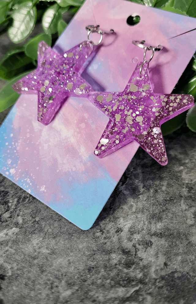 Earrings | Lilac Purple Glitter Stars | Stainless Steel Lever Back Hoops