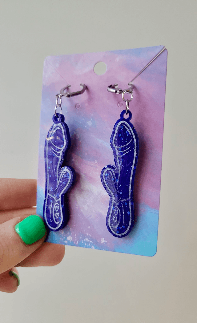 Earrings | Blue Glitter Rabbit Vibrator Earrings | Stainless Steel Lever Back Hoops