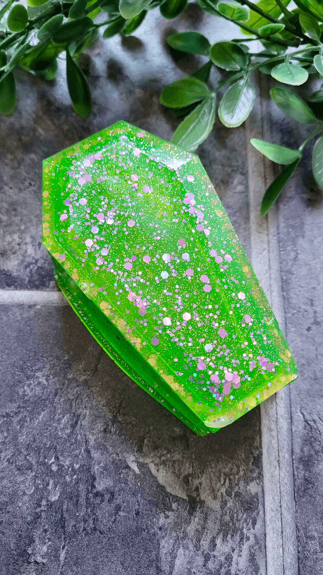 Coffin Trinket Box - Bright Green and Lilac Glitter