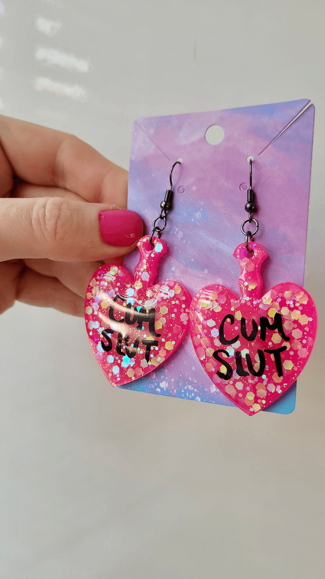 Earrings | CUM SLUT Heart Bright Pink Glitter Paddle Earrings | Stainless Steel Gunmetal Black Hooks