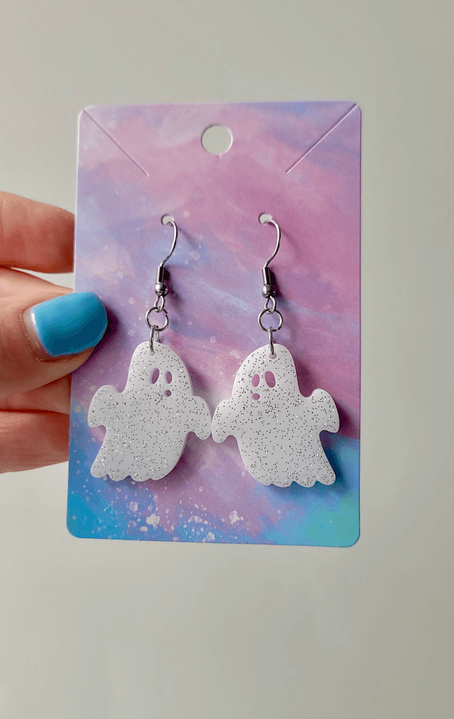 Earrings | White with Silver Glitter Ghost Earrings | Stainless Steel Hooks or Hoops
