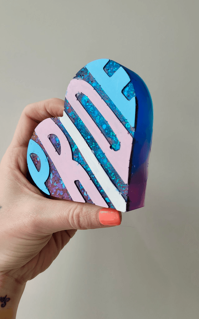 PRIDE Heart - Pink & Blue Glitter, Trans Flag Colours Text Heart Ornament