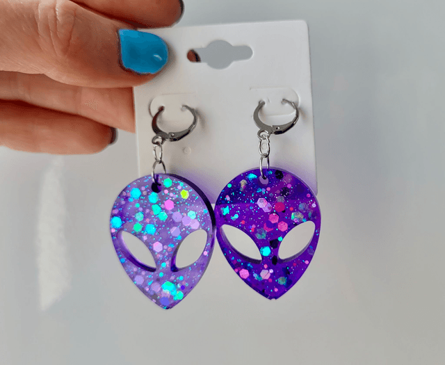 Earrings | Purple Glitter Alien Head | Stainless Steel Hoops