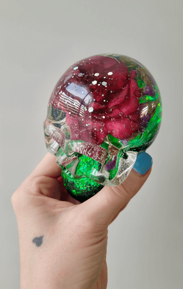 Skull Ornament - Large - Green & Clear Flower Floral Glitter