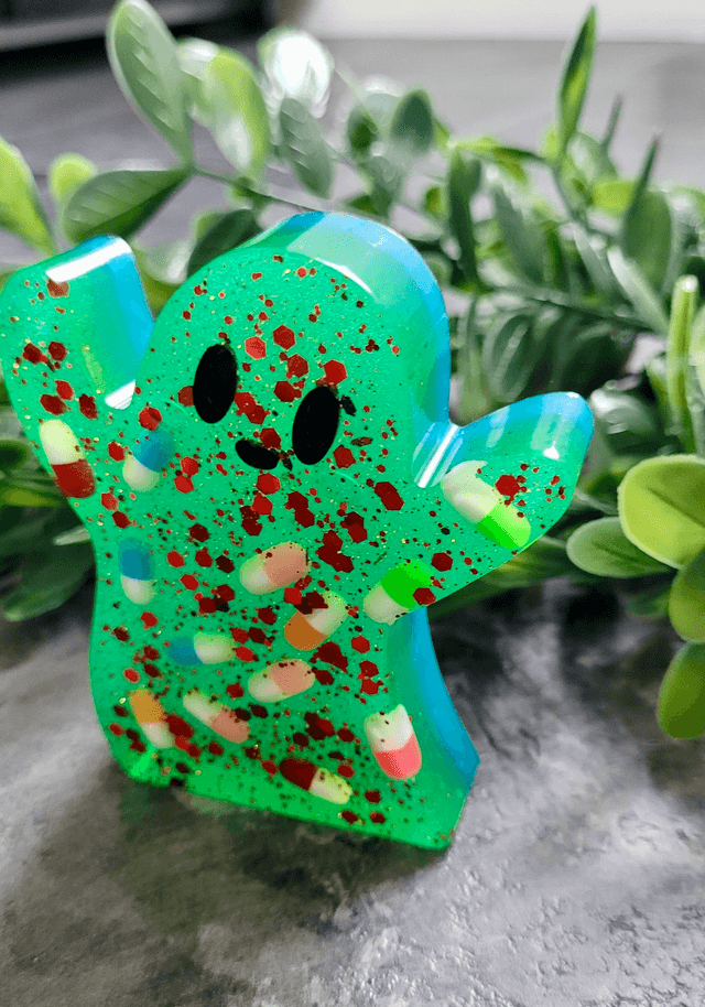 Ghost Ornament - Pilled Up - Green & Blue Glitter Ghost wil Pills & Red Glitter