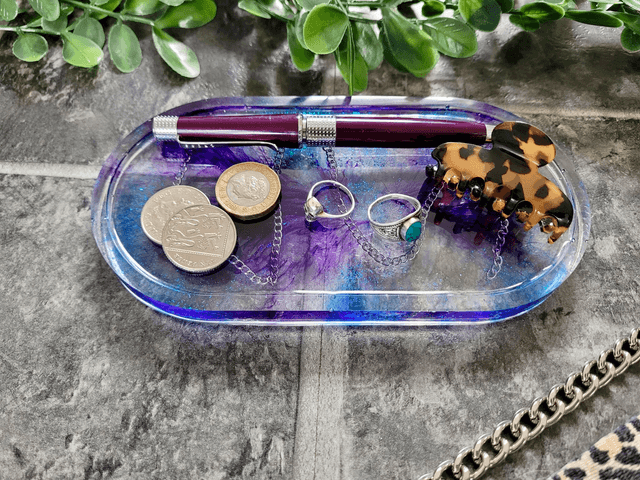 Trinket Tray - Purple & Blue Swirl with Chain 