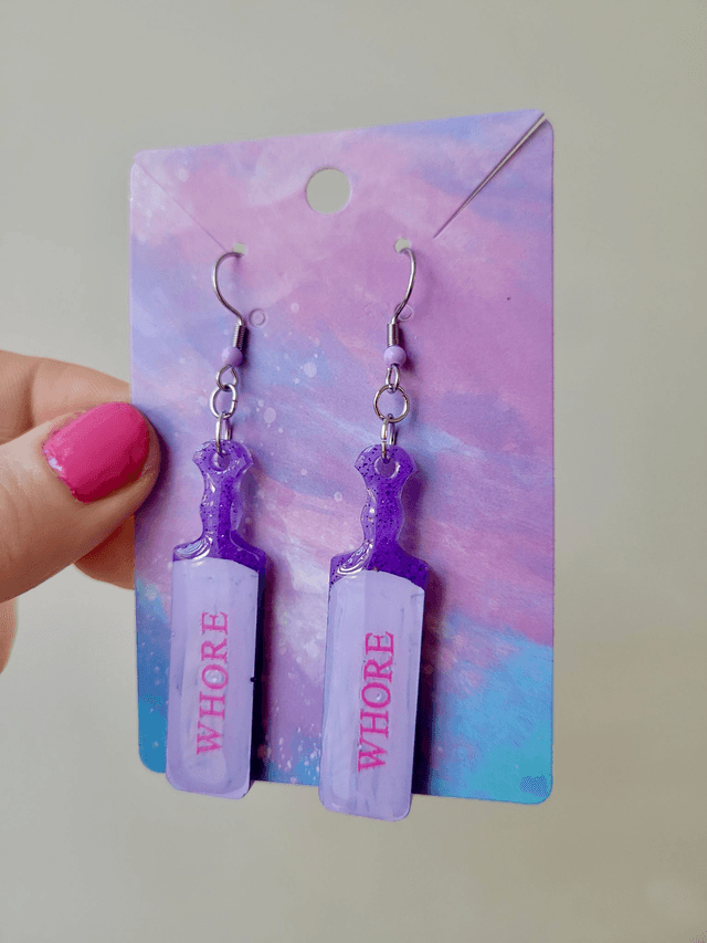 Earrings | WHORE Purple Glitter Paddle Earrings | Stainless Steel Hooks