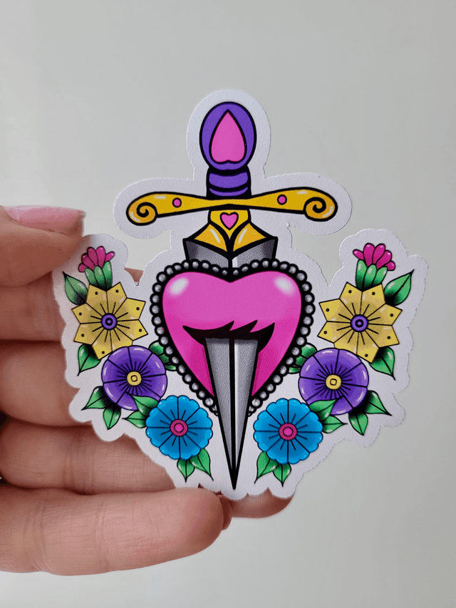 Floral Heart & Dagger Vinyl Sticker