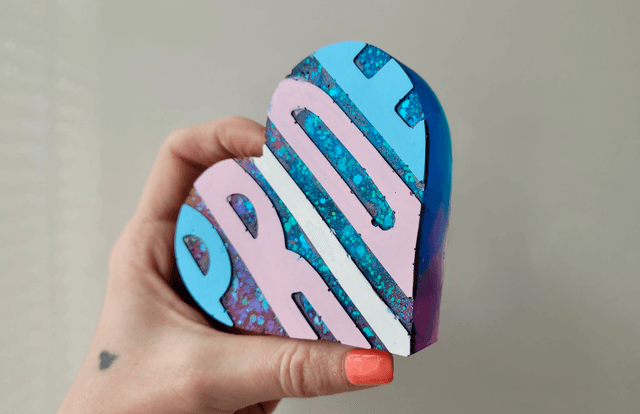 PRIDE Heart - Pink & Blue Glitter, Trans Flag Colours Text Heart Ornament