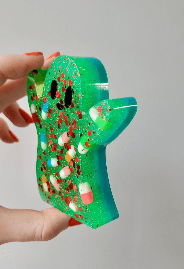 Ghost Ornament - Pilled Up - Green & Blue Glitter Ghost wil Pills & Red Glitter