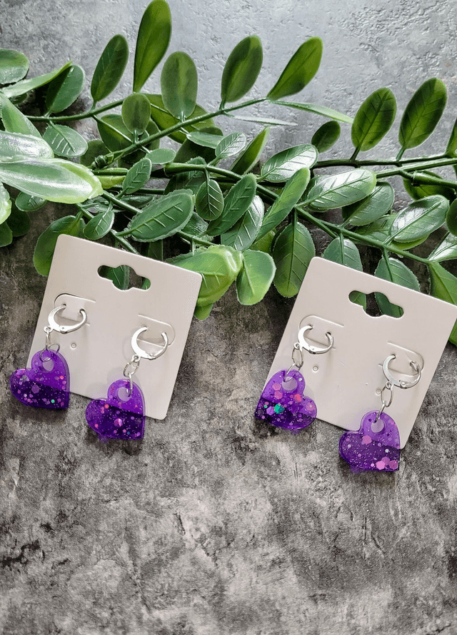 Earrings | Purple Glitter Hearts | Stainless Steel Hoops