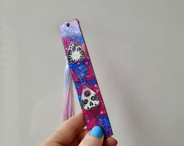 Bookmark- Purple, Blue, Pink Glitter with Oujia Planchette Charms