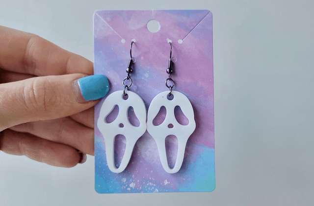 Earrings | Ghostface - Scream - White Holographic Earrings | Stainless Steel Hooks - Gunmetal Black