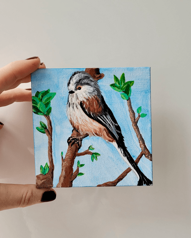 Original Mini Canvas Painting – Feathers and Fresh Leaves – Miniature Long-Tailed Tit Bird Painting