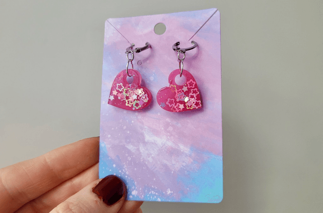 Earrings | Pink Star Glitter Hearts | Stainless Steel Lever back Hoops