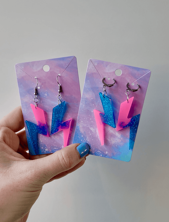 Earrings | Pink & Blue Glitter Lightning Bolt | Stainless Steel Hoops or Hooks