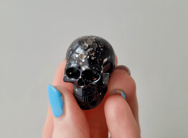 Skull Ornament - Mini - Black & Silver Glitter