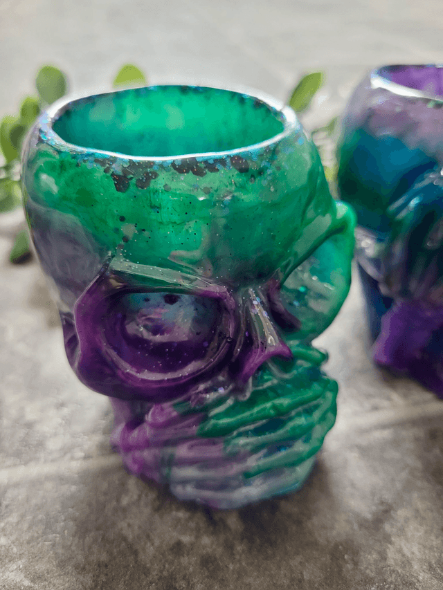See No Evil, Hear No Evil, Speak No Evil - Set of 3 Skull Tea Light Candle Holders | Purple & Green Glitter