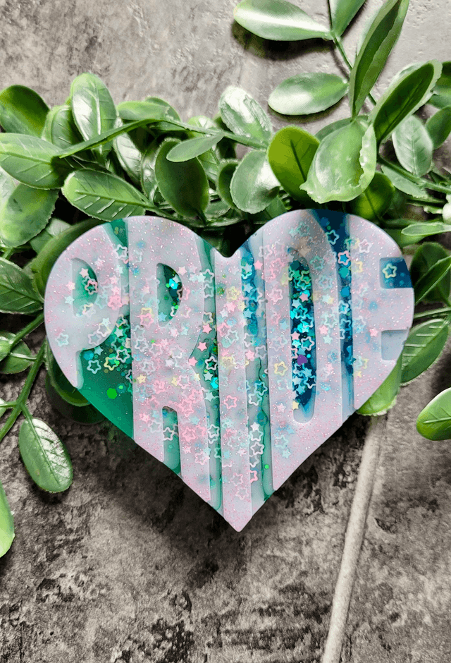 PRIDE Heart -  White Lettering & Stars, Green & Blue Heart