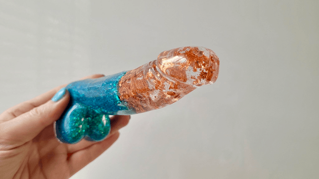 Penis Ornament -Blue Glitter & Copper Leaf Split - Medium 14.5cm