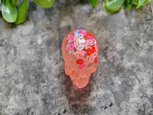 Skull Ornament - Medium - Pink Glitter Lips, Sprinkles, Kisses 