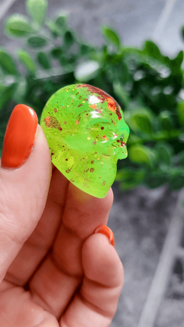 Skull Ornament - Mini - Neon Lime Green with Red Glitter
