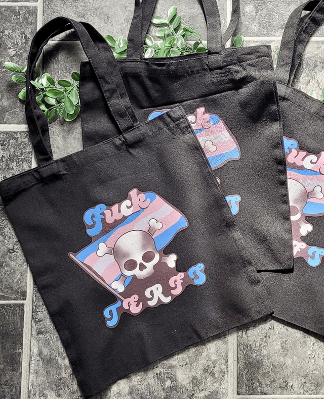 F*ck TERFs Skull, Trans Flag Pride Design | Black Tote Bag