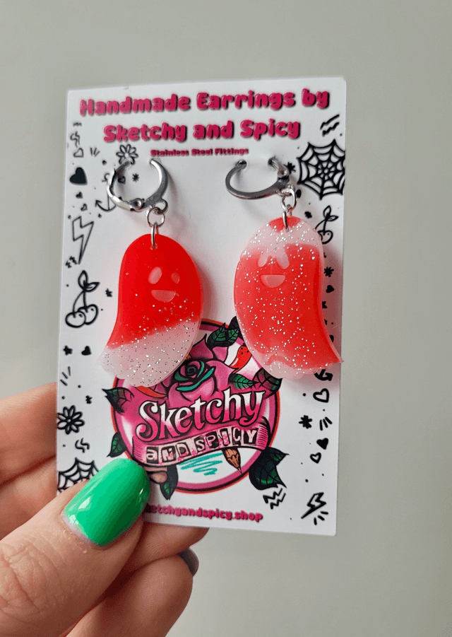Earrings | Red and White Bloody Ghost Earrings with Silver Glitter | Stainless Steel Leverback Hoops