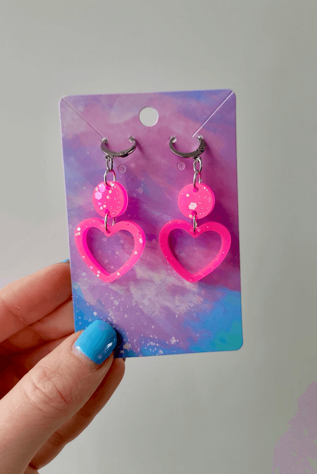Earrings | Pink Glitter Hearts | Stainless Steel Hoops