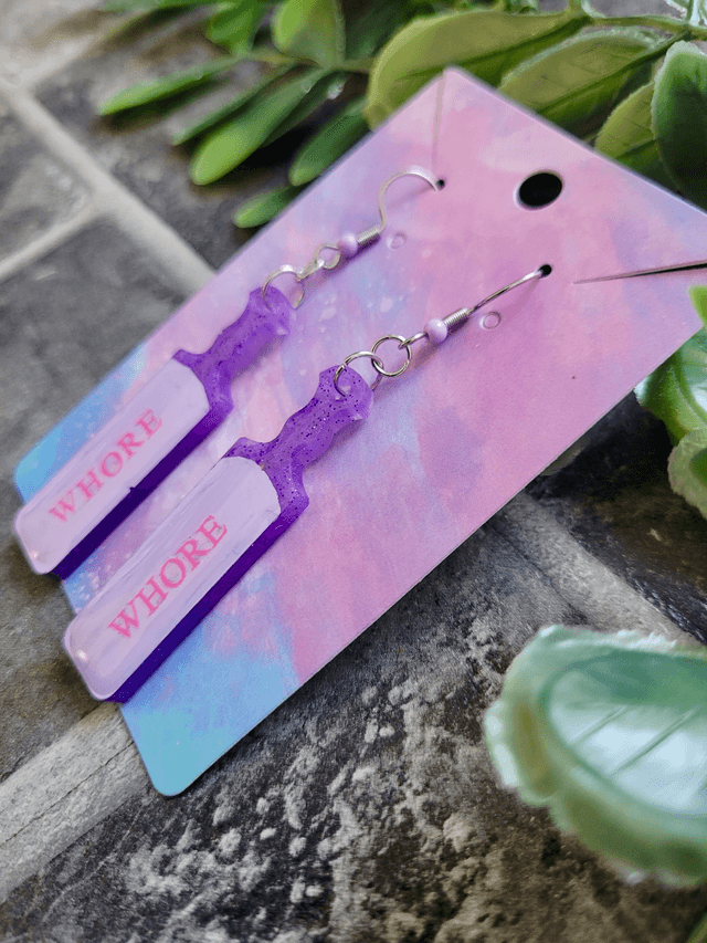 Earrings | WHORE Purple Glitter Paddle Earrings | Stainless Steel Hooks