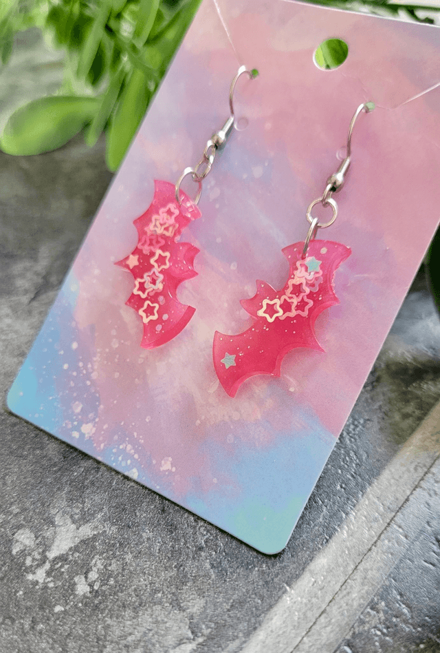 Earrings | Pink Star Glitter Bats | Stainless Steel Shepherd Hooks