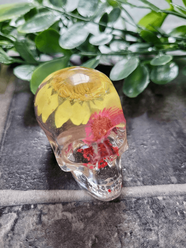 Skull Ornament - Medium -  Clear with Dried Flowers - Pinks and Yellow