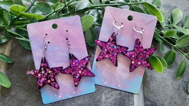 Earrings | Purple Star - Pink & Purple Holographic Glitter Star Earrings| Stainless Steel Hooks or Hoops