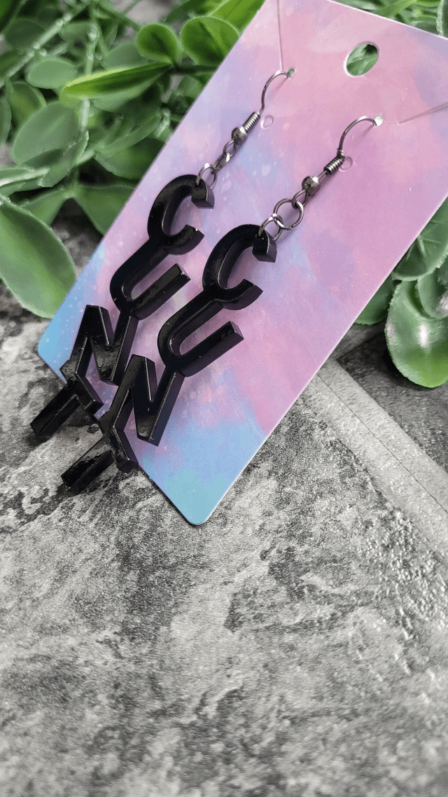 Earrings- Black CUNT Swear Earrings | Stainless Steel Gunmetal Hooks