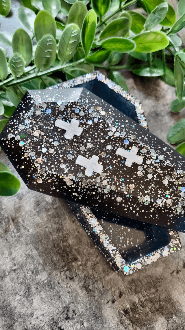 Grey-Black Coffin Trinket Box with Silver Holographic Glitter. Bottom only - no lid