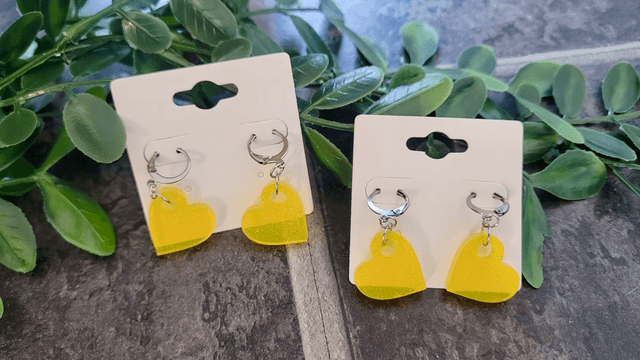 Earrings | Zesty Lemon Yellow Glitter Hearts | Stainless Steel Hoops